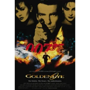 James Bond in GoldenEye surrounded by characters and explosions.