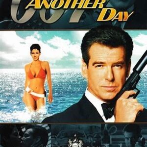 James Bond with a gun and a woman in a bikini on the beach.