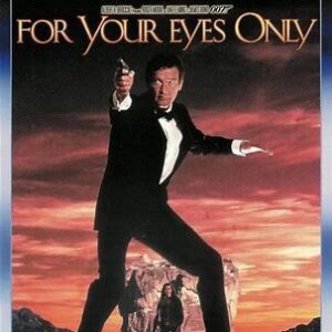 James Bond in a tuxedo aiming a gun against a sunset backdrop.