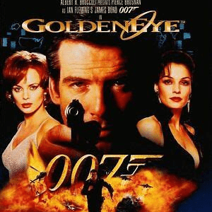 Poster of the James Bond film GoldenEye featuring Pierce Brosnan and two female characters.