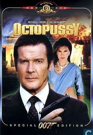 James Bond in Octopussy movie poster with explosion background.