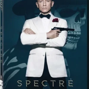 A man in a white tuxedo holding a gun, with a skull backdrop and the word 'SPECTRE'.