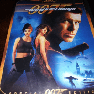 Movie poster of James Bond 007 with characters and city backdrop.