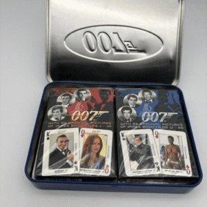 A set of James Bond 007 collectible playing cards in a metal case.