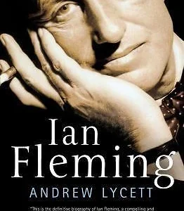 Close-up of a man resting his face on his hands above the name Ian Fleming.